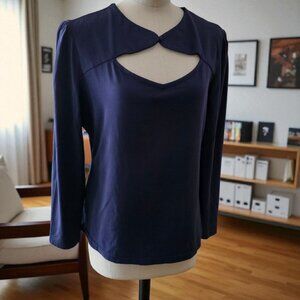 NWT BELLA POGUE (XL) Navy ELEGANT VOGUE Cutout Cotton L/S Blouse